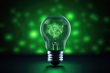  a glowing green light bulb with a heart in the middle of the bulb on a black table with a green background.