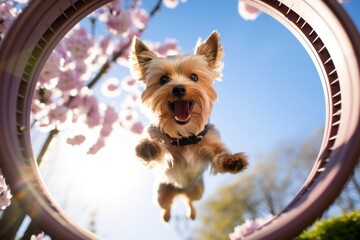 Headshot portrait photography of a curious yorkshire terrier jumping through a hoop against cherry blossom parks background. With generative AI technology - obrazy, fototapety, plakaty