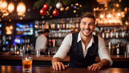 Portrait of a handsome bartender behind a bar. AI