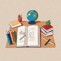 school items on the desk school items on the desk illustration of school books - obrazy, fototapety, plakaty