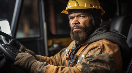 Obraz premium Focused driver in heavy-duty gear operates a vehicle.