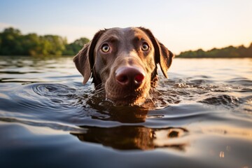 Medium shot portrait photography of a funny labrador retriever swimming against birdwatching spots background. With generative AI technology
