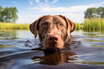 Medium shot portrait photography of a funny labrador retriever swimming against birdwatching spots...