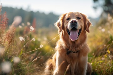 Environmental portrait photography of a smiling golden retriever sitting against birdwatching spots background. With generative AI technology