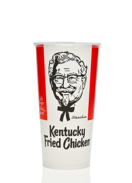 IRVINE, CALIFORNIA - 17 NOV 2023: A drink cup from Kentucky Fried Chicken, KFC, with an image of founder Colonel Harlan Sanders.
