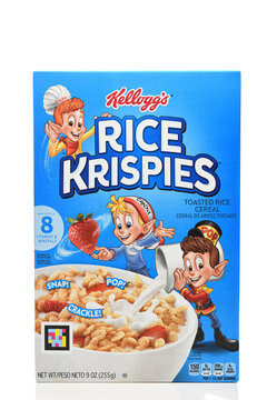 IRVINE, CALIFORNIA - 17 NOV 2023: A box of Rice Krispies breakfast cereal form Kellogg.
