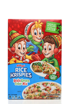 IRVINE, CALIFORNIA - 17 NOV 2023: A box of Rice Krispies Red and Green color mix for the holidays.