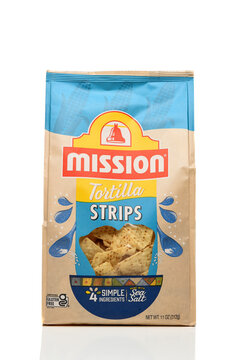 IRVINE, CALIFORNIA - 17 NOV 2023: A bag of Mission Tortilla Strips, Gluten Free, Corn Chips.