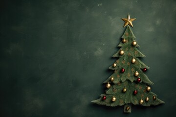  a green christmas tree with gold ornaments and a star hanging from the top of it on a dark green wall.