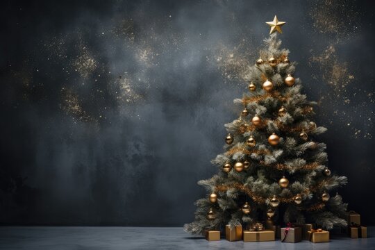  a christmas tree with presents under it in front of a dark background with stars and snow flakes on it.