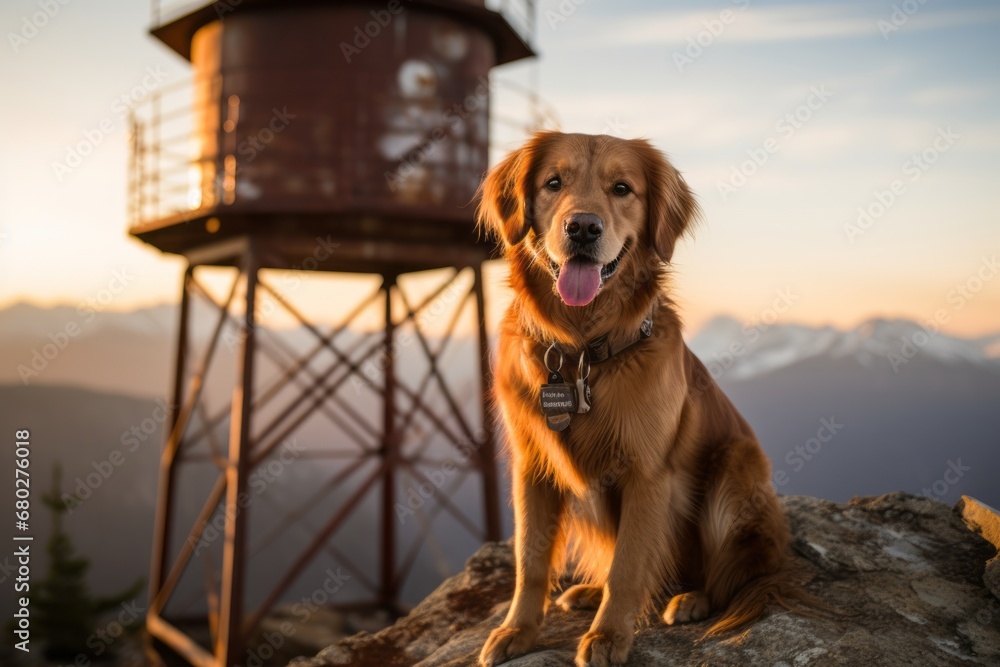 Canvas Prints environmental portrait photography of a curious golden retriever playing with a ball against fire lo