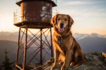 Deurstickers Environmental portrait photography of a curious golden retriever playing with a ball against fire lookout towers background. With generative AI technology © Markus Schröder