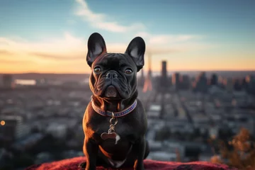 Deurstickers Close-up portrait photography of a curious french bulldog being in front of a city skyline against fire lookout towers background. With generative AI technology © Markus Schröder