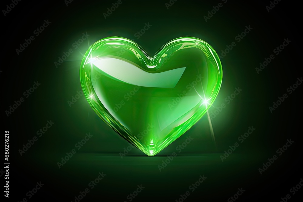 Poster a shiny green heart shaped object on a dark background with a flash of light coming out of the cente