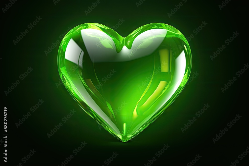 Poster a shiny green heart shaped object on a black background with a green light in the middle of the imag