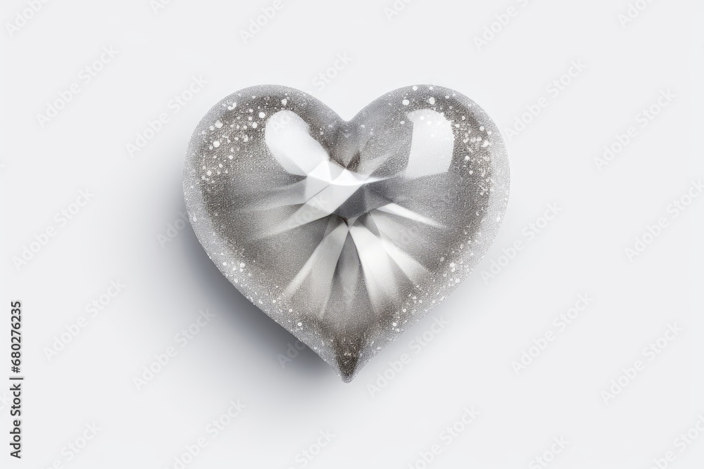 Poster a silver heart shaped object with a bow on it's back and a white background with a light reflection 