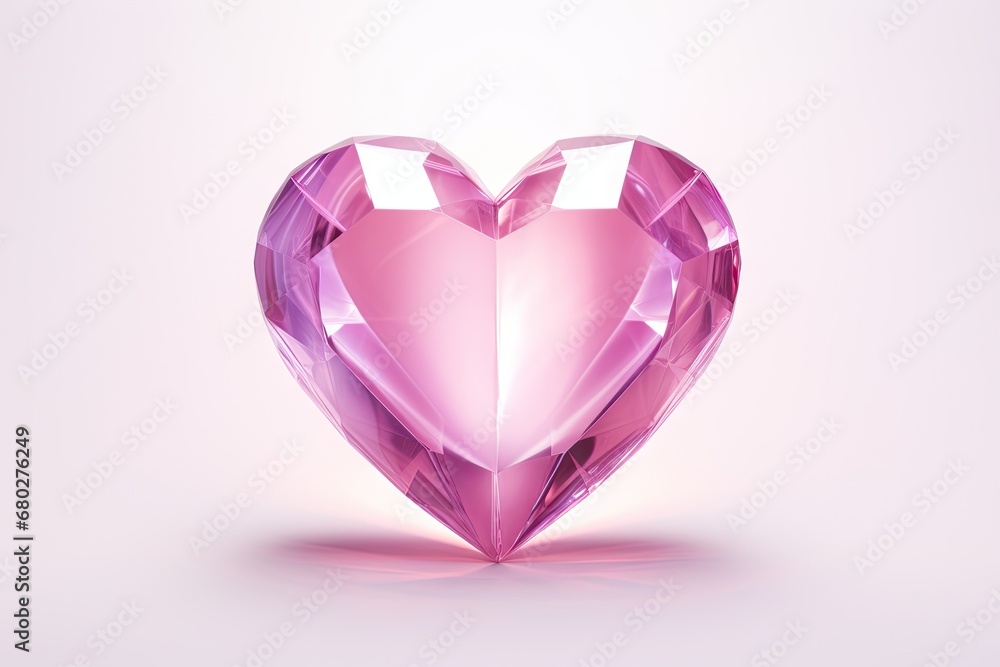 Poster a pink heart shaped crystal object on a white background with a reflection of the light coming from 