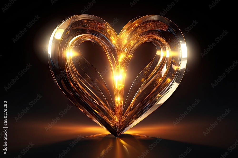 Poster a shiny heart shaped object on a black background with a light shining in the middle of the heart an