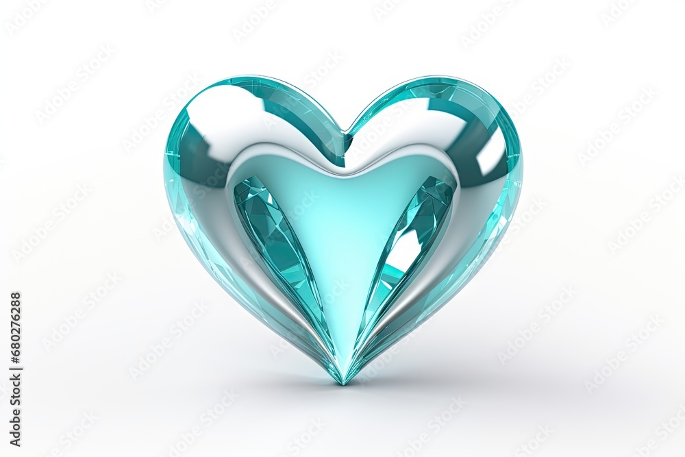 Poster a blue heart shaped object sitting on top of a white surface with a reflection of the heart on it's 