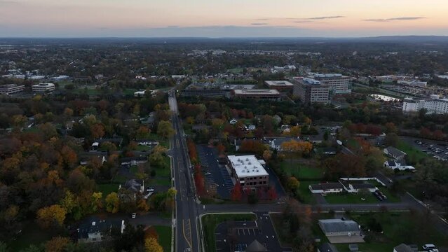 Drone footage of the cityscape of Bridgewater township at sunset, New Jersey, USA