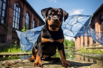 Obraz premium Group portrait photography of a happy rottweiler holding a butterfly net against old mills and factories background. With generative AI technology