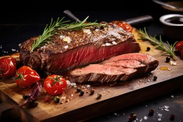  a piece of steak sitting on top of a wooden cutting board next to tomatoes and pepper on top of it.
