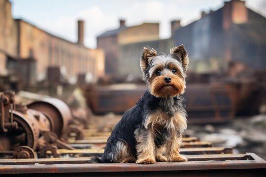 Studio portrait photography of a cute yorkshire terrier sitting on a bench against old mills and factories background. With generative AI technology