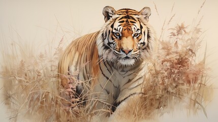 Tall grass and a tiger beautifully captured in watercolor on beige.