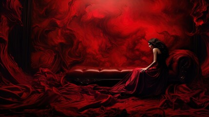 Red-dark colors frame surreal scenes of dreams and demons.