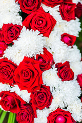 Beautiful red and white flower decoration, close up with selective focus, for celebration