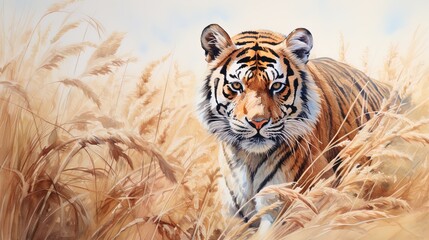 Tiger in watercolor, wandering through tall grass on beige canvas.