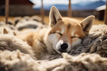 Foto op Canvas Close-up portrait photography of a cute german shepherd sleeping against alpaca and llama farms background. With generative AI technology © Markus Schröder