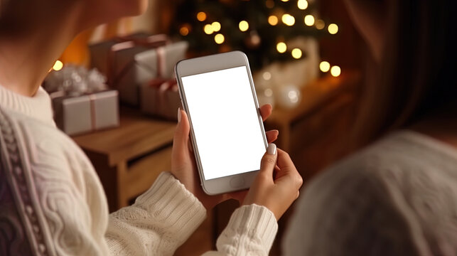 Women's hands in a white sweater complete a Christmas order through online shopping on a smartphone.