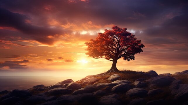 Autumn's solitary tree in a field, epic and striking, beneath a madly beautiful sunset.