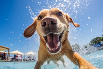 Close-up portrait photography of a funny labrador retriever shaking off water after swimming...