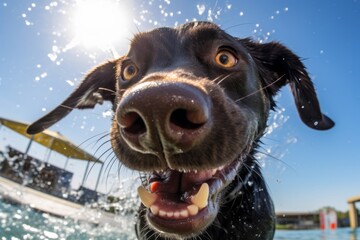 Close-up portrait photography of a funny labrador retriever shaking off water after swimming...
