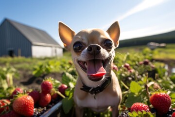 Medium shot portrait photography of a funny chihuahua eating against berry farms background. With...