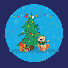 vector illustration of a cute cheerful cat New year holiday with a Christmas tree and decorations around