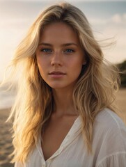 Photorealistic portrait of a 18-year-old girl with blonde hair, blue eyes, and white clothes. Natural and approachable expression at golden-hour. High-resolution, 85mm lens, 4K, Generative AI