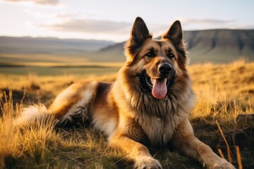 Lifestyle portrait photography of a smiling german shepherd scratching the body against bison ranges background. With generative AI technology