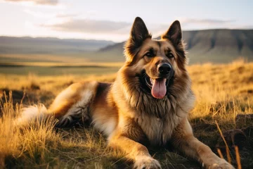 Fototapeten Lifestyle portrait photography of a smiling german shepherd scratching the body against bison ranges background. With generative AI technology © Markus Schröder