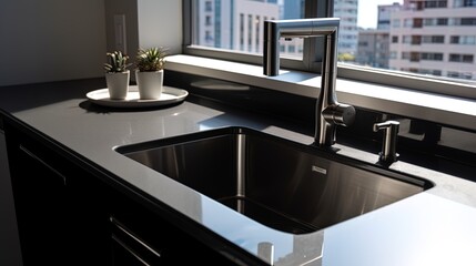 First-person view: Installing black stainless steel single kitchen sink in a high-rise apartment, u.