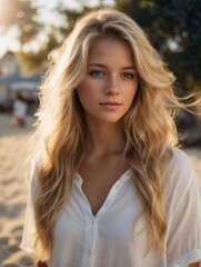 Fototapeta premium Photorealistic portrait of a 18-year-old girl with blonde hair, blue eyes, and white clothes. Natural and approachable expression at golden-hour. High-resolution, 85mm lens, 4K, Generative AI