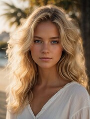Fototapeta premium Photorealistic portrait of a 18-year-old girl with blonde hair, blue eyes, and white clothes. Natural and approachable expression at golden-hour. High-resolution, 85mm lens, 4K, Generative AI