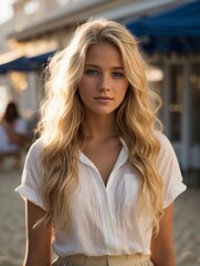 Fototapeta na wymiar Photorealistic portrait of a 18-year-old girl with blonde hair, blue eyes, and white clothes. Natural and approachable expression at golden-hour. High-resolution, 85mm lens, 4K, Generative AI
