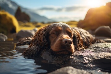 Lifestyle portrait photography of a happy cocker spaniel sleeping against geysers and hot springs background. With generative AI technology