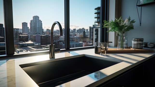 First-person view of undermount sink installation: Black single stainless steel in a high-rise apar.