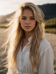 Fototapeta premium Photorealistic portrait of a 18-year-old girl with blonde hair, blue eyes, and white clothes. Natural and approachable expression at golden-hour. High-resolution, 85mm lens, 4K, Generative AI