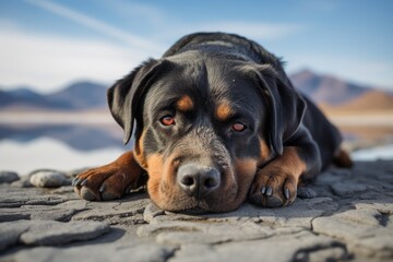 Headshot portrait photography of a cute rottweiler sleeping against salt flats background. With generative AI technology