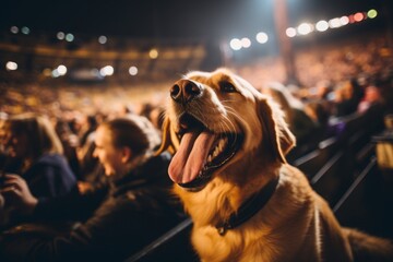 Studio portrait photography of a happy golden retriever being at a concert against tundra landscapes background. With generative AI technology